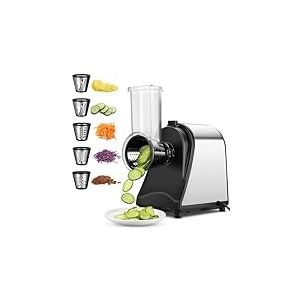 COOCHEER Trancheuse de Légumes Électrique en Acier Inoxydable, 250W Multi Coupe-Légumes Râpe de Cuisine avec 5 Tambours de Coupe