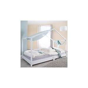 roba Lit cabane 90 x 200 cm pour enfants - Lit au sol selon le principe Montessori - Extensible avec sommier à lattes, matelas et housse de lit cabane - Bois laqué blanc