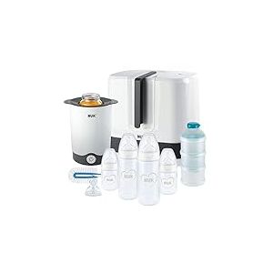 NUK First Choice+ Kit d'alimentation complet - Stérilisateur Vario Express, 4x biberons, 1x tétine supplémentaire, chauffe-biberon et plus - Cœur (Neutre) - 9 pièces