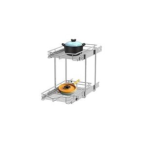 DINDON Étagère coulissante à 2 niveaux (27,9 cm de large x 45,7 cm de profondeur) en métal robuste, deux étagères coulissantes pour armoires de cuisine, garde-manger, salle de bain, finition chromée