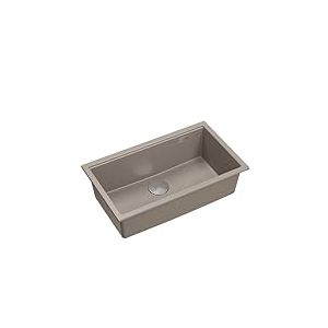 QUADRON Evier cuisine 1 bac Granit | Taille 70 x 37 x 23,5 cm Couleur: Taupe Doux + Acier (&Eacute;vier Encastrable) | LOGAN 110 &eacute;vier de cuisine simple | &eacute;vier &agrave; encastrer sous le meuble &agrave; partir de 80 cm