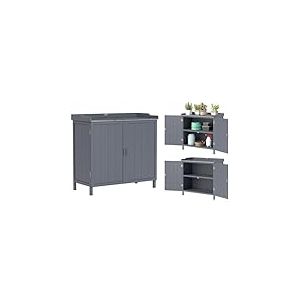 Outsunny Armoire de Rangement de Jardin autoportante, Table de rempotage 2 en 1 à Double Porte, étagères, Plateau en métal galvanisé - Gris