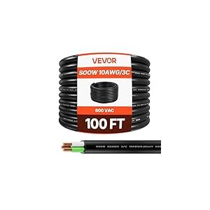 VEVOR Câble d'alimentation 10 AWG 3 Conducteurs Rallonge Électrique Robuste SOOW 600 V, Longueur 30,48 m, Gaine Caoutchouc CPE, Conducteur en Fil Fin Cuivre, Cordon Électrique pour Besoins d'urgence