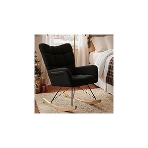 Clevich Fauteuil à Bascule Allaitement Scandinave, Rocking Chair Confortable avec Velours Teddy, Pieds en Bois et Métal, pour Salon, Chambre d'enfants, Chambre, Jusqu'à 136kg, Noir