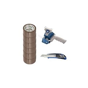 D.RECT Derouleur pour Ruban Adhesif avec 6 Rouleaux De Ruban Marron 50m x 48mm - Inclus Cutter &agrave; Cartouche 18 mm avec Poign&eacute;e Paoutchout&eacute;e