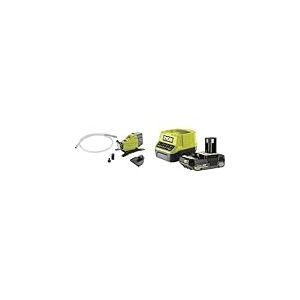 Ryobi - Pompe de transfert 18V - 1 500 L/h - aspiration 2,5 m - levée 14 m - Livrée avec 1 tuyau 2,5 m, 1 raccord rapide 18 mm, 1 adaptateur, 1 filtre, 1 batterie 2Ah et 1 chargeur rapide