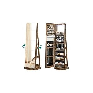 SONGMICS Armoire &agrave; Bijoux avec Miroir sur Pieds, Verrouillable, avec 6 LED, Rangement Bijoux Pivotant 360&deg;, Miroir Psych&eacute; sans Cadre, 3 &Eacute;tag&egrave;res, Surface en Marron Rustique, Doublure en Noir JJC007X01