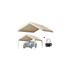 VEVOR Toile Rechange Carport, 6,09x3,65 m, B&acirc;che Toit Abri Voiture, Couverture Sup&eacute;rieure Tente Garage Portable, R&eacute;sistante UV Imperm&eacute;able, avec Cordons &Eacute;lastiques &agrave; Billes, Beige, Cadre Non Inclus