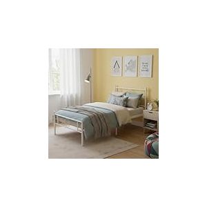 FurnitureR Cadre de Lit en Métal Blanc, Lit Une Place avec Sommier à Lattes, Design Élégant Cercle Décoratif, pour Chambre à Coucher, Étudiant, Enfant, 90x190 cm