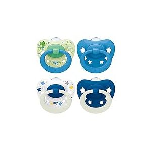 NUK Signature Day & Night Tetine pour bébé | 18-36 mois | Apaise 95 % des bébés | Sucettes en silicone sans BPA, en forme de cœur | Brille dans le noir | Étoiles | Lot de 4