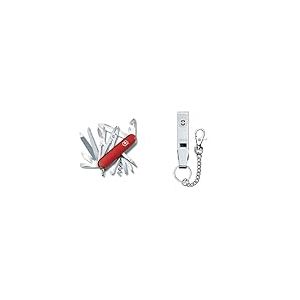 Victorinox Handyman, Swiss Army Knife, Couteau multifonction, Léger, Multitool, 24 Fonctions, Grand Lame, Tire Bouchon, Metal Voir, Rouge & Passe-ceinture «Multiclip» + chaîne (couleur argent), Gris