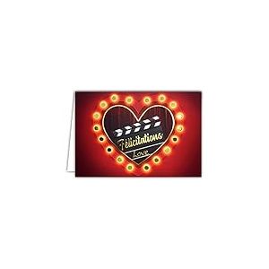 69-5146 Carte Félicitations Couple Love Cœur Rouge et Or Doré Brillant Lumières Cinéma Clap Tournage Film Anniversaire de Mariage PACS Format Horizontal avec Enveloppe Blanche Format 17,5x12cm