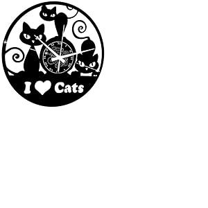 Instant Karma Clocks | Horloge Murale I Love Cats avec Silhouettes de Chats | Déco Originale pour Passionnés de Félins | Mouvement Silencieux | Idée Cadeau Unique
