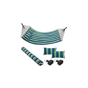 Bakaji Hamac de Jardin Double 2 Places 232 x 148 cm Barres transversales en Bois Rev&ecirc;tement en Poli Coton avec 2 Coussins et Sangles Design Moderne pour Jardin Terre Camping (Bleu)