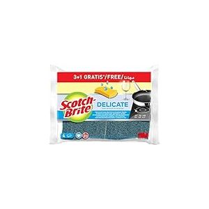 Scotch-Brite Éponges Grattantes Délicates - Lot de 3 + 1 Gratuite - en Cellulose Très Absorbante – pour Vaisselle, Verre, Ustensiles Antiadhésifs et Surfaces Fragiles