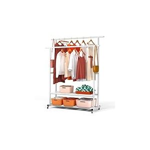 vounot&reg; Portant &agrave; V&ecirc;tements Double Tringle en M&eacute;tal avec Roulettes Penderie V&ecirc;tement &Eacute;tag&egrave;res avec 2 &Eacute;tag&egrave;res de Rangement Pour Entr&eacute;e Chambre et Dressing 120x40x146cm Blanc