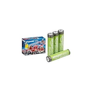 Playmobil Camion Pompiers, &eacute;chelle/lumi&egrave;re/Son, 5+ Ans, 9463, & Piles AAA Rechargeables Amazon Basics 4 pcs, 850mAh