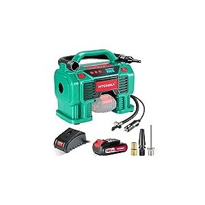 HYCHIKA Compresseur d'air Portatif 18V, Electrique Gonfleur Pneus Voiture, Alimenté par 2A Batterie/Allume Cigare, Affichage Numérique de la Pression, LED Intégré, Convient pour Voiture, Moto