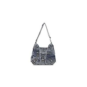 Angel Kiss Sac Hobo pour femme en cuir v&eacute;g&eacute;talien clout&eacute;, sac &agrave; main et sac &agrave; main r&eacute;tro spacieux, sac &agrave; bandouli&egrave;re quotidien, taille M, bleu jean, Medium