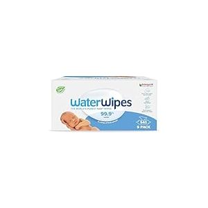 WaterWipes Original Baby Wipes, 540 unités (9 paquets), 99,9 % d'eau, 3-en-1 nettoie, soigne, protège, non parfumées, emballage pouvant varier