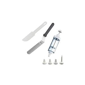 Westmark 311522E6 Set de pâtisserie 3 pièces 1 seringue à glaçage avec 5 buses, 1 palette d'angle, 1 distributeur de gâteaux, plastique/acier inoxydable, transparent/noir/blanc