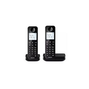 Philips Duo D2702B - Téléphones Fixes sans Fil, écran rétroéclairé 4,6", Microphone Vertical, appels Mains Libres, jusqu'à 14 Heures, antenne optimisée, Deux téléphones, Noir