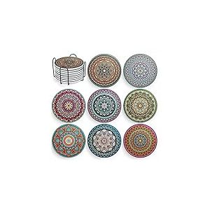 Lot de 8 Dessous de Verre Mandala en c&eacute;ramique avec Support - Absorbants - avec Base en li&egrave;ge et Support Noir - pour Table Basse, Appartement, Bar, Tasses, Verres &agrave; bi&egrave;re