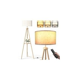 YICAIZI Lampadaire Trépied LED sur Pied Salon avec Étagères de Rangement - 12W Lampe sur Pied Bois avec Télécommande & E27 Ampoule, Lampe Liseuse Réglables pour Salon, Bureau, Chambre, Bois Naturel