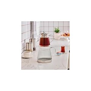 Karaca Keops Theiere avec Infuseur en Acier Inoxydable, Bouilloire de 2 L et Théière Turque en verre de 0,8 L, Caydanlik, Préparateur de thé Turc pour thé aux Herbes, thé en Vrac