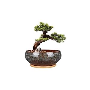 EPFamily Pot de Fleurs en céramique émaillée de 20,3 cm avec Trou de Drainage et Soucoupe en Bambou pour Plantes d'intérieur, Marron