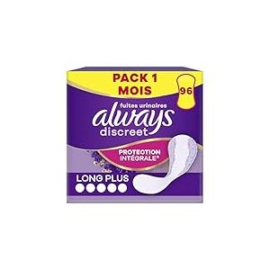 Always Discreet, 96 Prot&egrave;ge-Slips Incontinence Femme, Long Plus, Protection Int&eacute;grale pour Fuites Urinaires Tr&egrave;s L&eacute;g&egrave;res, Pack 1 Mois