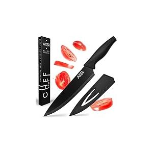 Axer le Couteau de Chef Professionnel 20 cm - Couteau de Cuisine Acier Inox Noir - Couteaux de Chef avec Etui - Chef Knife - Couteau Cuisine Professionnelle