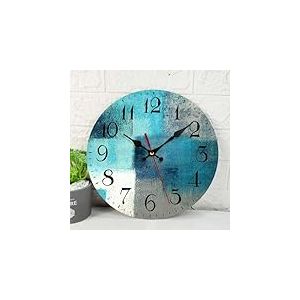 ArtSocket Horloge murale en bois turquoise silencieuse sans tic-tac, vert, bleu, gris, bleu sarcelle, peinture abstraite grise, horloge murale ronde décorative pour la maison, la cuisine, le salon, le