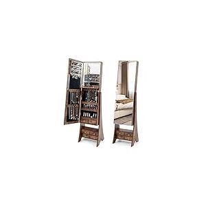 COSTWAY Armoire à bijoux avec miroir, armoire à miroir avec éclairage, organisateur de bijoux avec tiroirs et étagère pliable (marron)