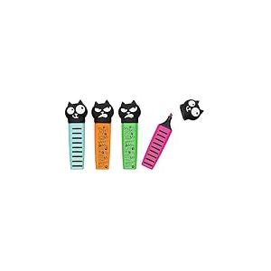 moses. Ed, the Cat Marker, lot de 4 surligneurs en forme de chat, 10 cm de long, 4 couleurs vives (rose, vert, turquoise et orange) dans un coffret cadeau, marqueurs amusants pour l'&eacute;cole, le bureau