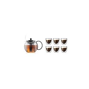 Bodum - 1805-01 - Assam - Théière à Piston en verre - Filtre inox - 1.0 L - Noir & 4557-10-12 - Pavina - Coffret de 6 Verres Double Paroi - 0.08 l