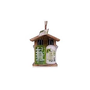 Accentra-Set cadeau de douche pour femmes OLIVE dans une belle boîte en bois - Set de soins 2 pièces gel douche et lotion corporelle - Set cadeau idéal pour un anniversaire, Saint-Valentin & Noël.