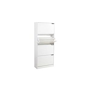 BAKAJI Meuble à chaussures en bois MDF avec 4 portes porte-chaussures à rabat, poignées rétractables, double profondeur, dimensions compactes, slim 63 x 24 x 150 cm, entrée maison (blanc frêné)