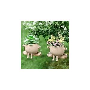 Domensi Lot de 2 Pots de Fleurs Mignons à Suspendre pour Plantes d'intérieur et d'extérieur avec tête Suspendue sur Le Visage, Pots de Fleurs succulentes pour Ficelle en résine avec Trou de Drainage,