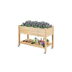 FANTASK Jardinière surélevée avec étagère et roulettes, jardinière surélevée en Bois, jardinière avec Roues verrouillables et Film de Protection, Naturel