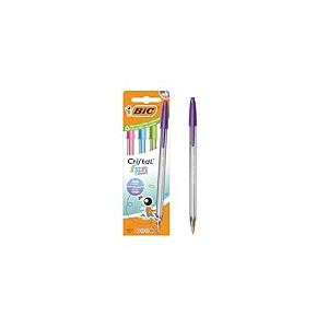 BIC Cristal Fun Colours Stylos-bille Pointe Large (1,6 mm) avec encres fantaisie - Couleurs assorties, pack de 4