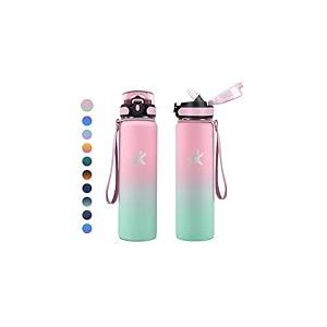 KollyKolla Bouteille Isotherme 1L, Gourde Sport avec Paille, Gourde Acier Inoxydable, Anti-Fuite, Bouteilles sans BPA, R&eacute;utilisable, Gourde Inox pour Camping, Enfant, Fille, Randonn&eacute;e, Cyclisme