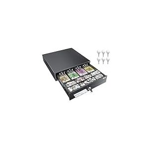 Tera Tiroir-Caisse Métallique Verrouillable avec Monnayeur: 4 Compartiments Billets 8 Pièces 41 × 41,6 × 11,3 cm avec Insert RJ12 Clés pour Caisse Enregistreuse Commerce Supermarché M415