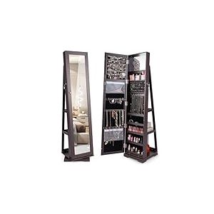 COSTWAY Armoire à bijoux avec miroir pleine longueur et miroir de maquillage intégré, rotation à 360°, verrouillable, debout, organisateur de bijoux avec clés, café