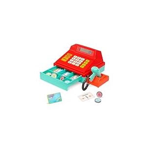 Battat - Caisse enregistreuse Calculatrice Rouge avec Scanner - Caisse enregistreuse pour Enfants - Registre de 49 pi&egrave;ces avec Monnaie-Jouet, Carte de cr&eacute;dit et Scanner - 3 Ans et +