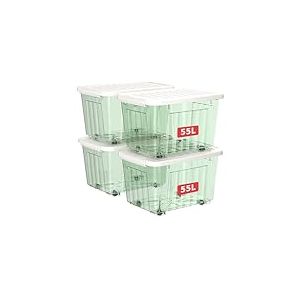 Cetomo 55L*4 Boîtes de Rangement avec Couvercles, Boîte de Rangement en Plastique avec Clips et Roulettes, Empilables, Encastrables, pour Placard de Bureau à Domicile, Vert Transparent, 55L, Lot de 4
