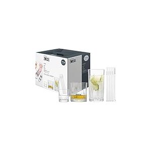 SCHOTT ZWIESEL Set de verres Stage (set de 17), 4 gracieux verres &agrave; long drink, &agrave; whisky et &agrave; schnaps avec relief, 4 pailles et 1 brosse, verres en cristal r&eacute;sistant au lave-vaisselle (art. n&deg; 124010)