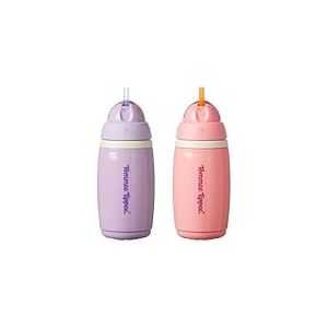Tommee Tippee tasse Active Straw isotherme, 266 ml, Gourde anti-fuite pour nourrissons à partir de 12 mois, le couvercle articulé permet de garder la paille propre, Rose et Violet, lot de 2