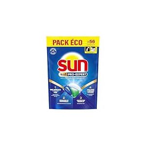Sun - Pro Expert - Pastilles Lave Vaisselle - Action 4 en 1 - Regular - Elimine 100% des taches brûlées de +72h - dégraissent en Profondeur - 56 Capsules