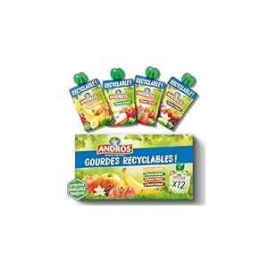 ANDROS - Compote de Fruit - Gourde Recyclable - All&eacute;g&eacute; - Go&ucirc;t Vanille + Fraise Banane - Id&eacute;al pour le Go&ucirc;ter des Enfants - Lot de 12
